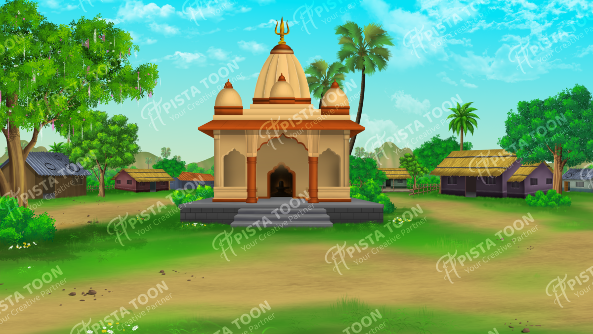 Indian village temple background cartoon scene for animation